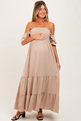 Beige Smocked Ruffle Off Shoulder Tiered Maternity Maxi Dress
