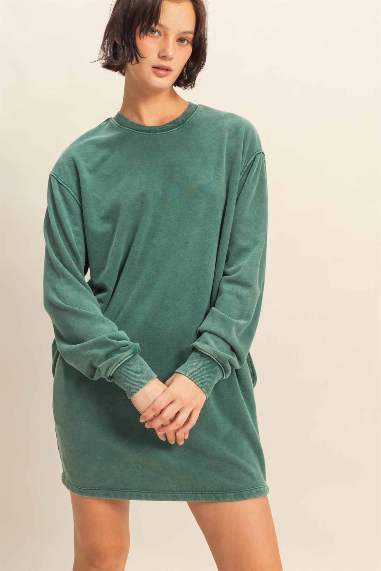 Forest Green Mineral Wash Oversized Sweatshirt Mini Dress