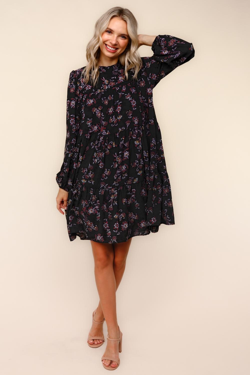 Black Floral Tiered Long Sleeve Dress