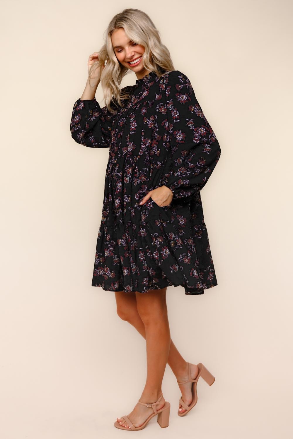 Black Floral Tiered Long Sleeve Dress