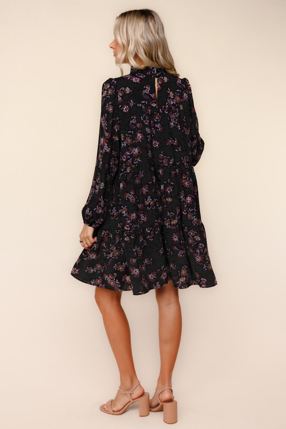 Black Floral Tiered Long Sleeve Dress