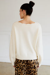 woman wearing a cream-colored oversized sweater with a lace detail on the back and paired with a leopard print skirt