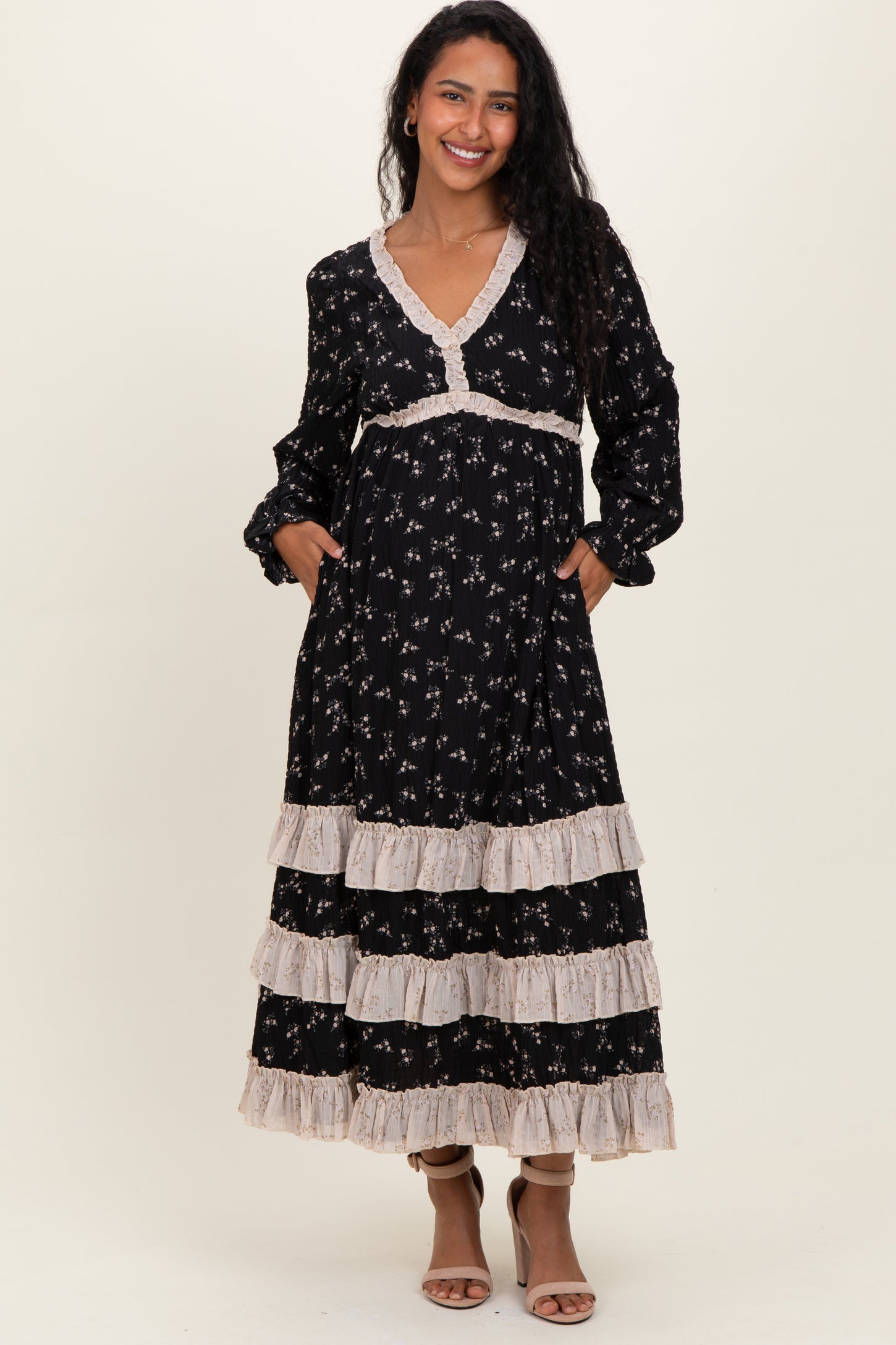 Black Floral Eyelet Lace Tiered Hem Maternity Maxi Dress