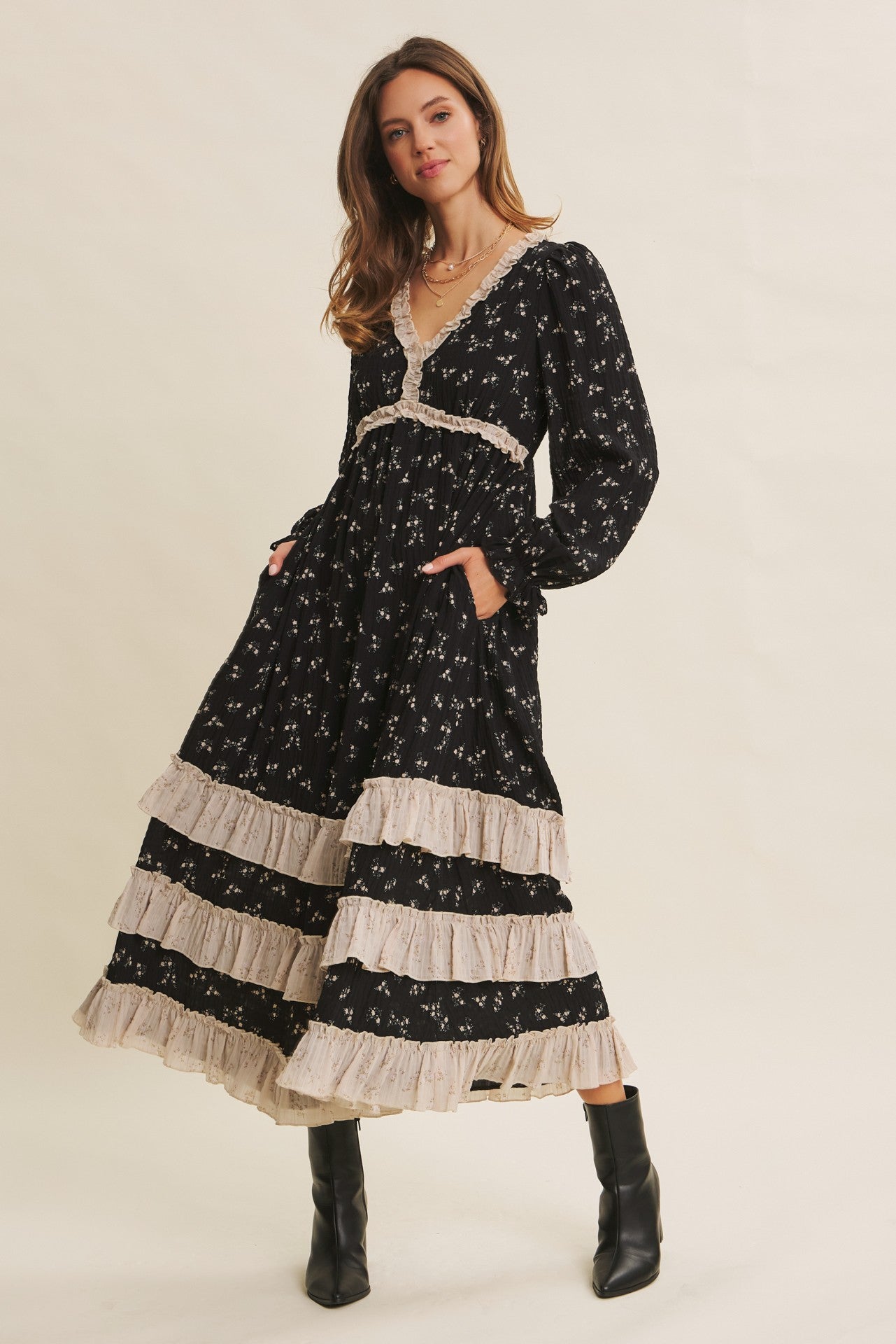 Black Floral Eyelet Lace Tiered Hem Maternity Maxi Dress