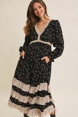 Black Floral Eyelet Lace Tiered Hem Maxi Dress