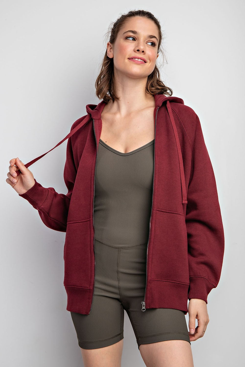 Burgundy Front Zipper Hooded Maternity Sweater