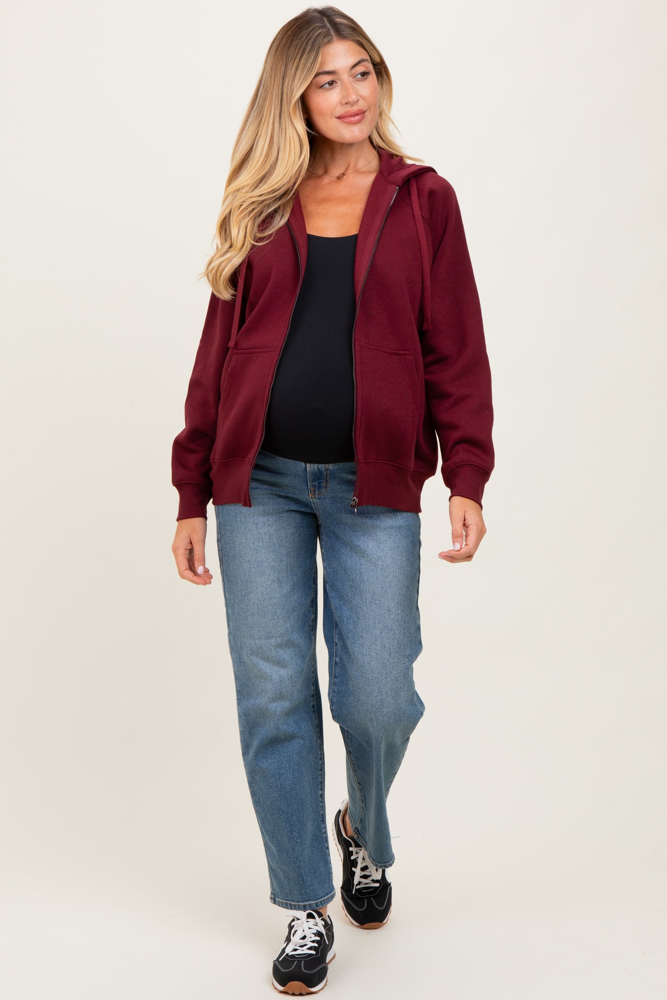 Burgundy Front Zipper Hooded Maternity Sweater
