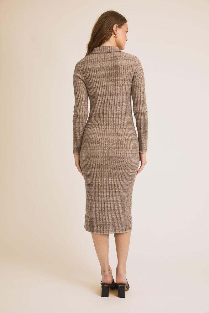 Mocha Striped Rib Knit Polo Sweater Dress