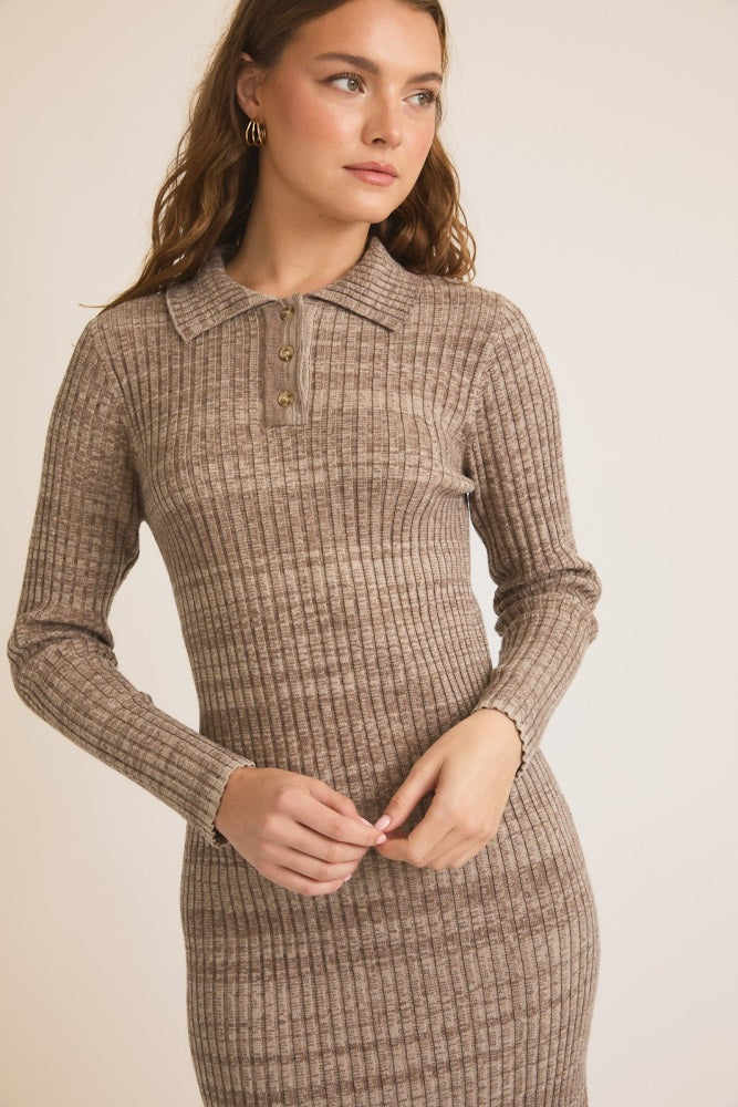 Mocha Striped Rib Knit Polo Sweater Dress