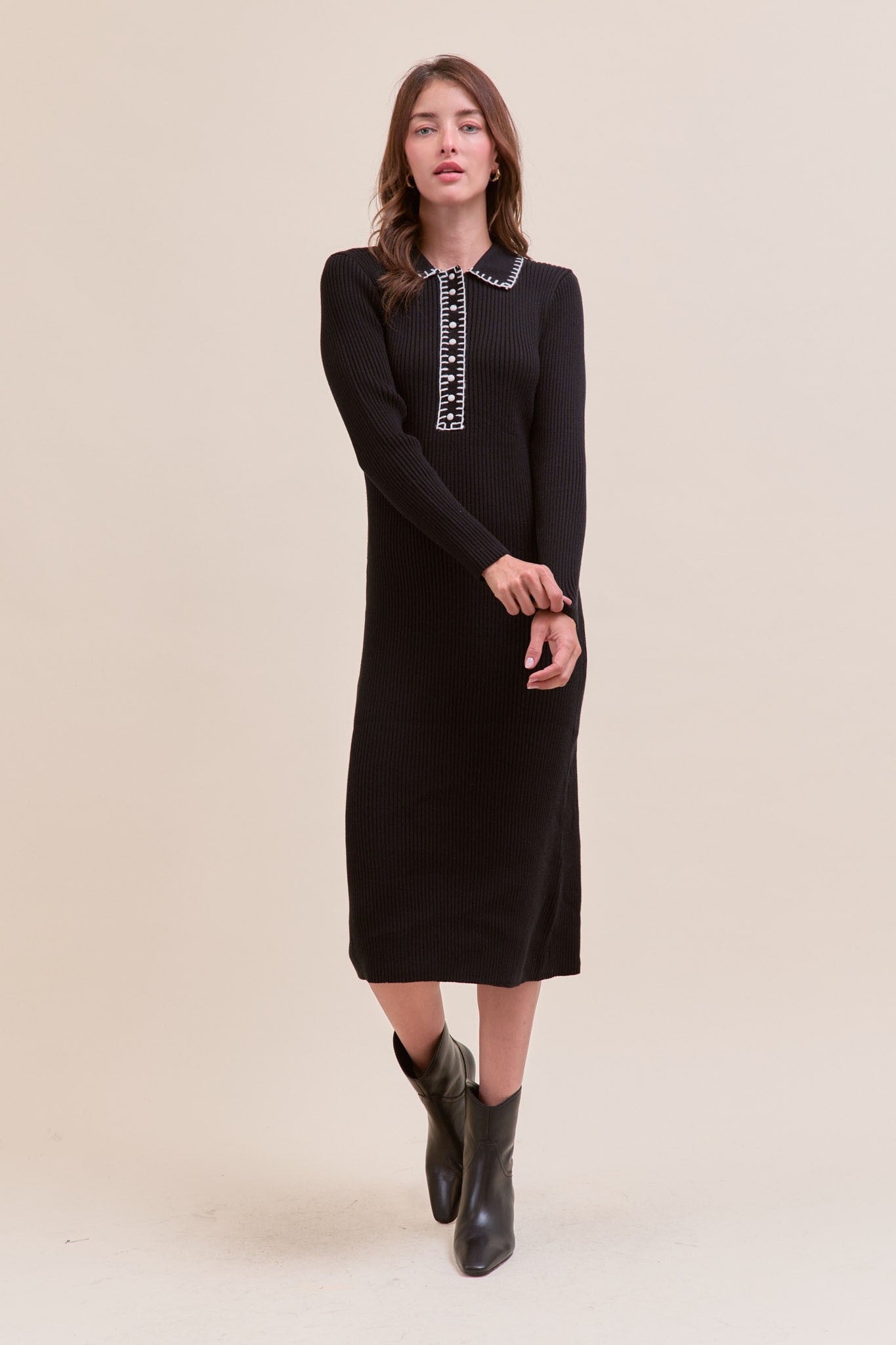 Black Contrast Stitch Midi Sweater Dress