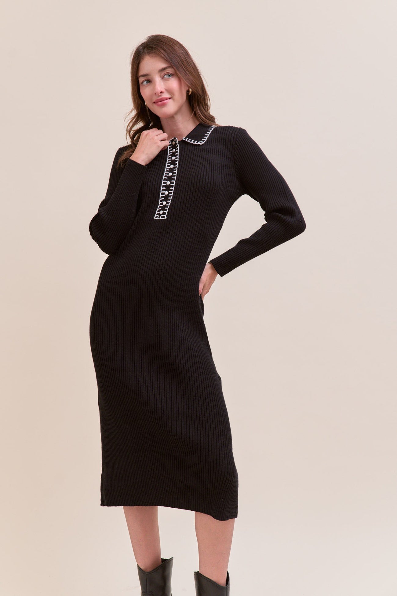 Black Contrast Stitch Midi Sweater Dress