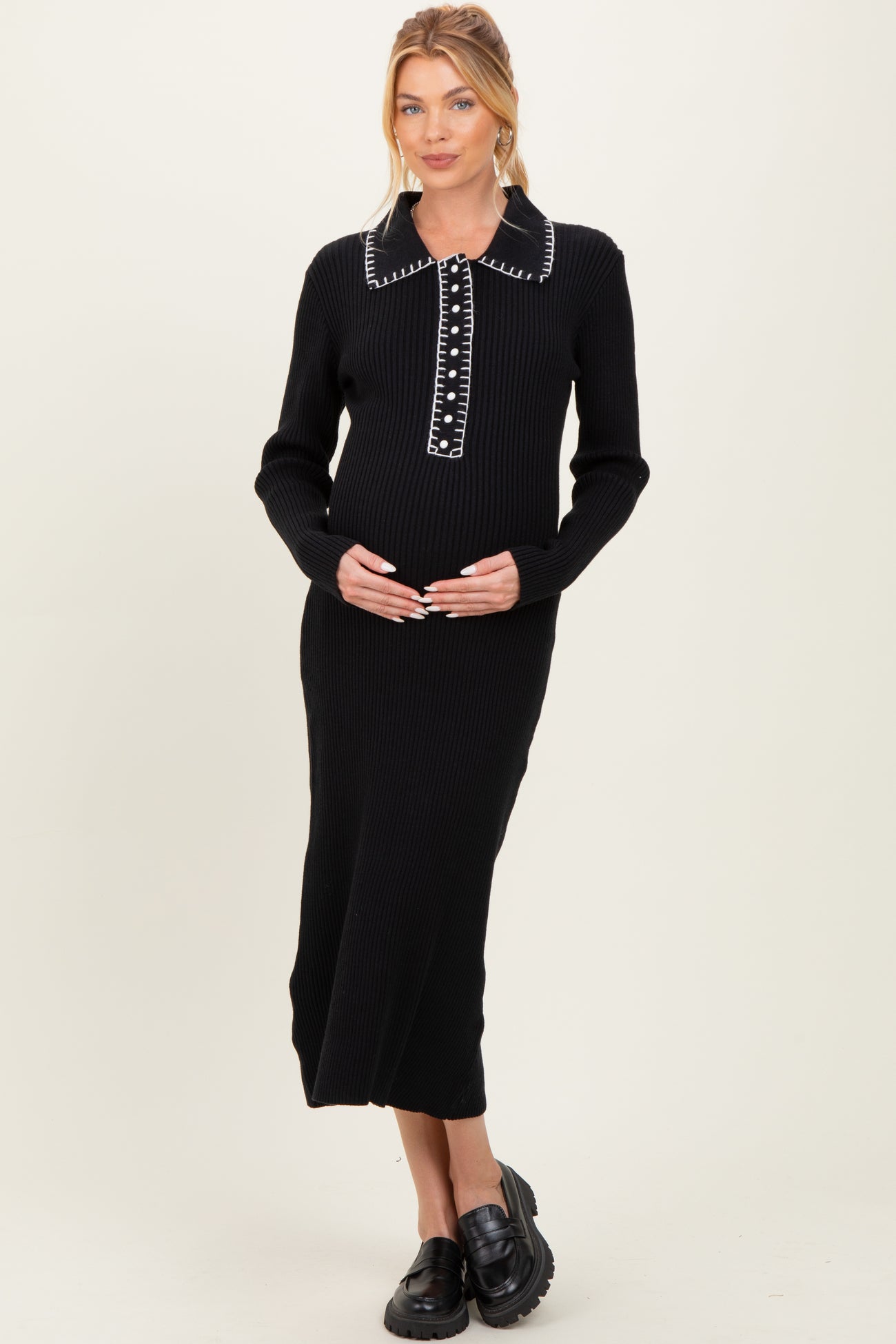 Black Contrast Stitch Maternity Midi Sweater Dress