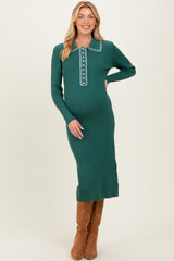 Forest Green Contrast Stitch Maternity Midi Sweater Dress