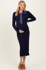 Navy Contrast Stitch Maternity Midi Sweater Dress