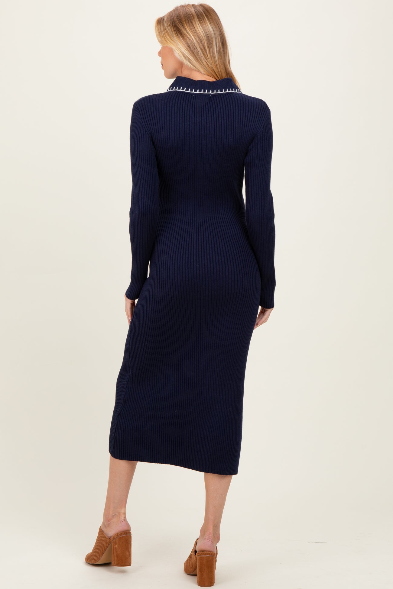Navy Contrast Stitch Maternity Midi Sweater Dress