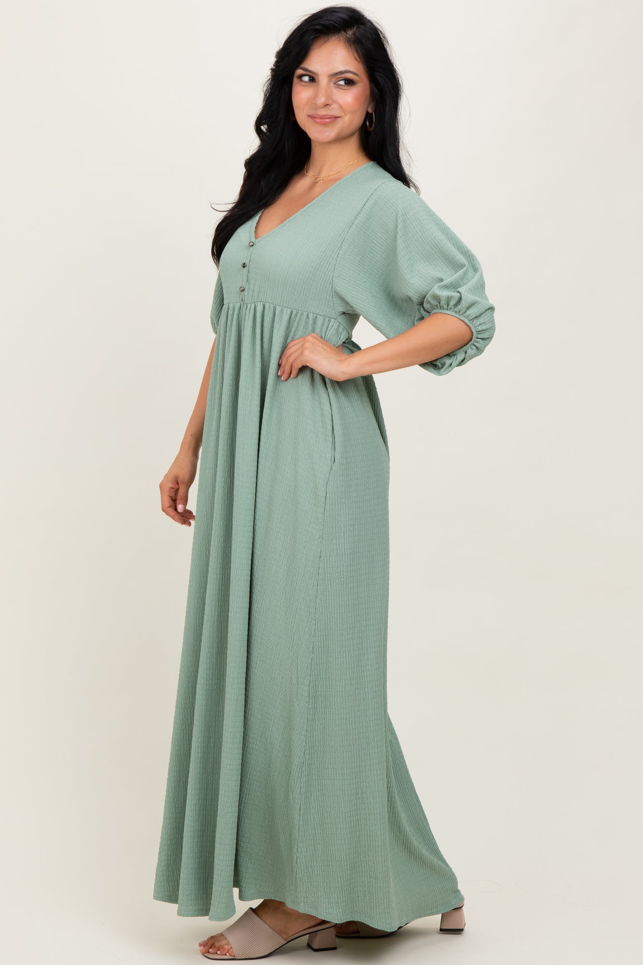 Sage Solid Woven 3/4 Sleeve V-Neck Button Down Maxi Dress