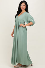 Sage Solid Woven 3/4 Sleeve V-Neck Button Down Maxi Dress