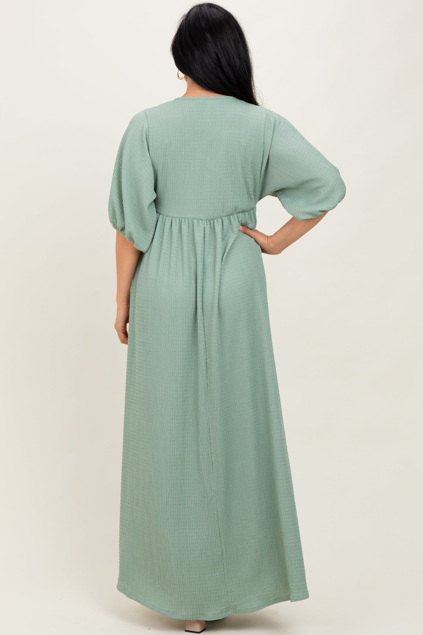 Sage Solid Woven 3/4 Sleeve V-Neck Button Down Maxi Dress