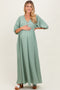 Sage Solid Woven 3/4 Sleeve V-Neck Button Down Maternity Maxi Dress