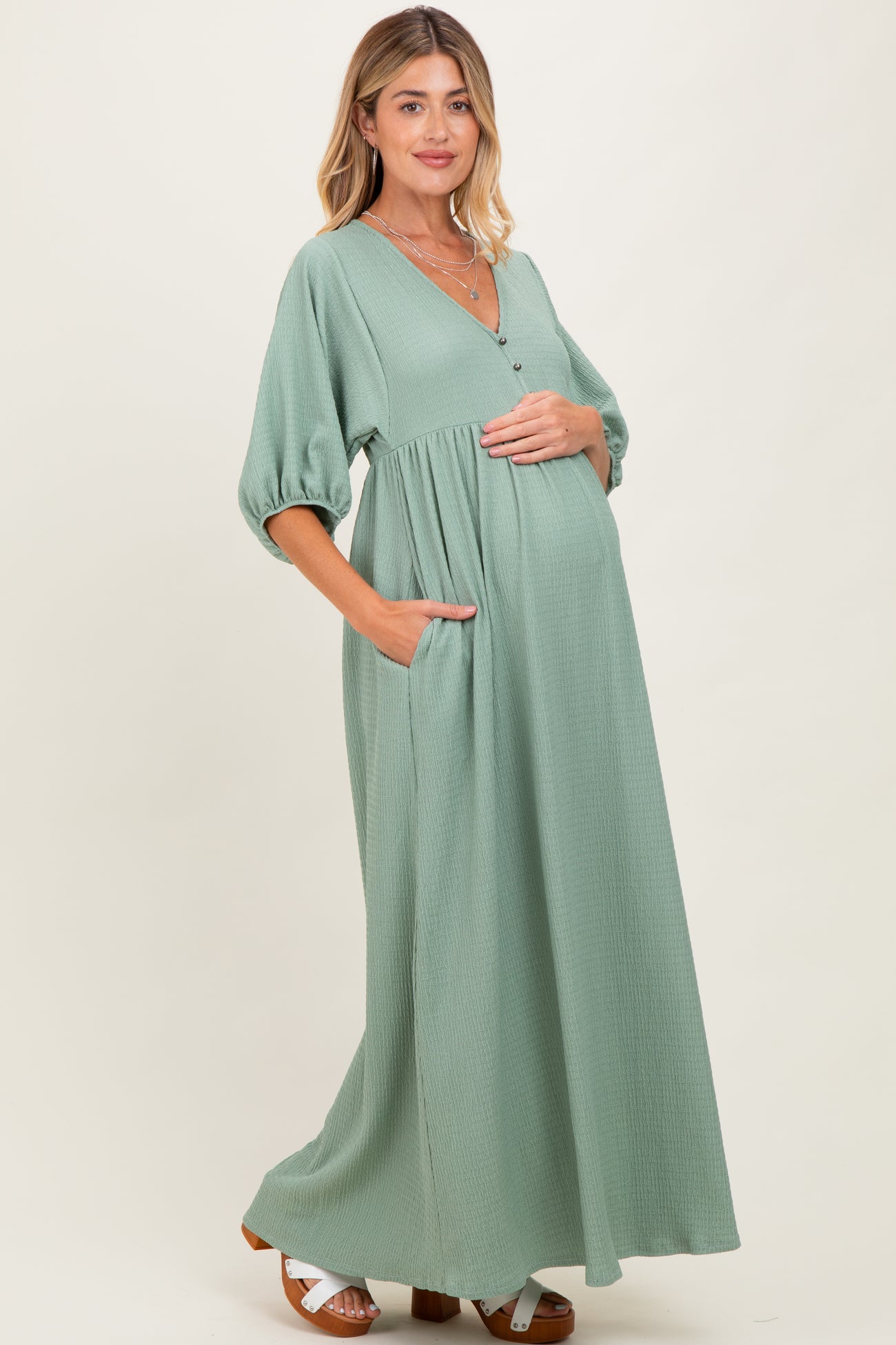 Sage Solid Woven 3/4 Sleeve V-Neck Button Down Maternity Maxi Dress