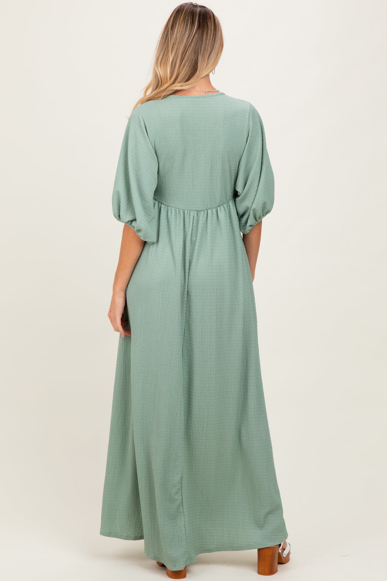 Sage Solid Woven 3/4 Sleeve V-Neck Button Down Maternity Maxi Dress