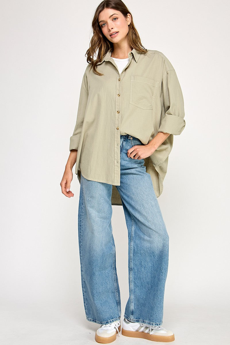 Light Olive Chambray Button Down Top
