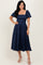 Navy Floral Jacquard Puff Sleeve Midi Dress