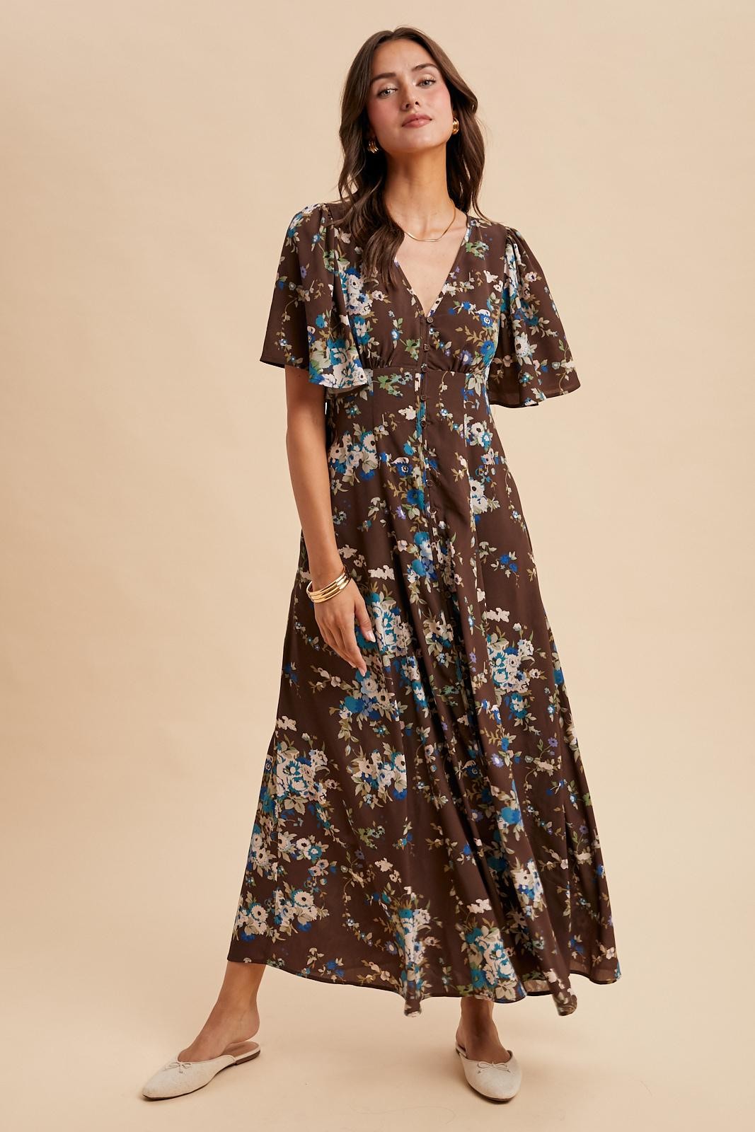 Brown Floral Flutter Button Down Maxi Dress