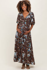 Brown Floral Flutter Button Down Maternity Maxi Dress