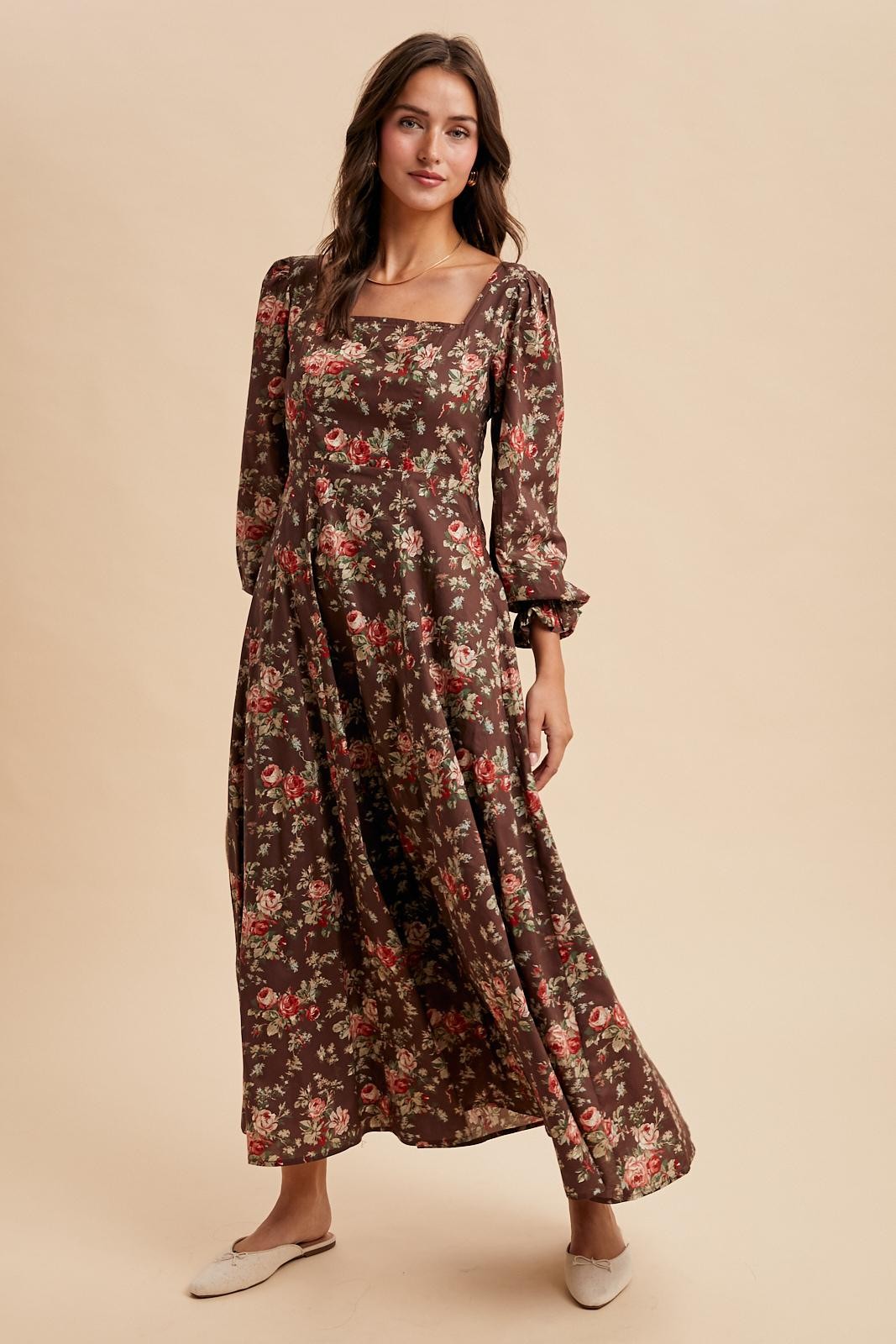 Brown Floral Square Neck Cotton Maxi Dress