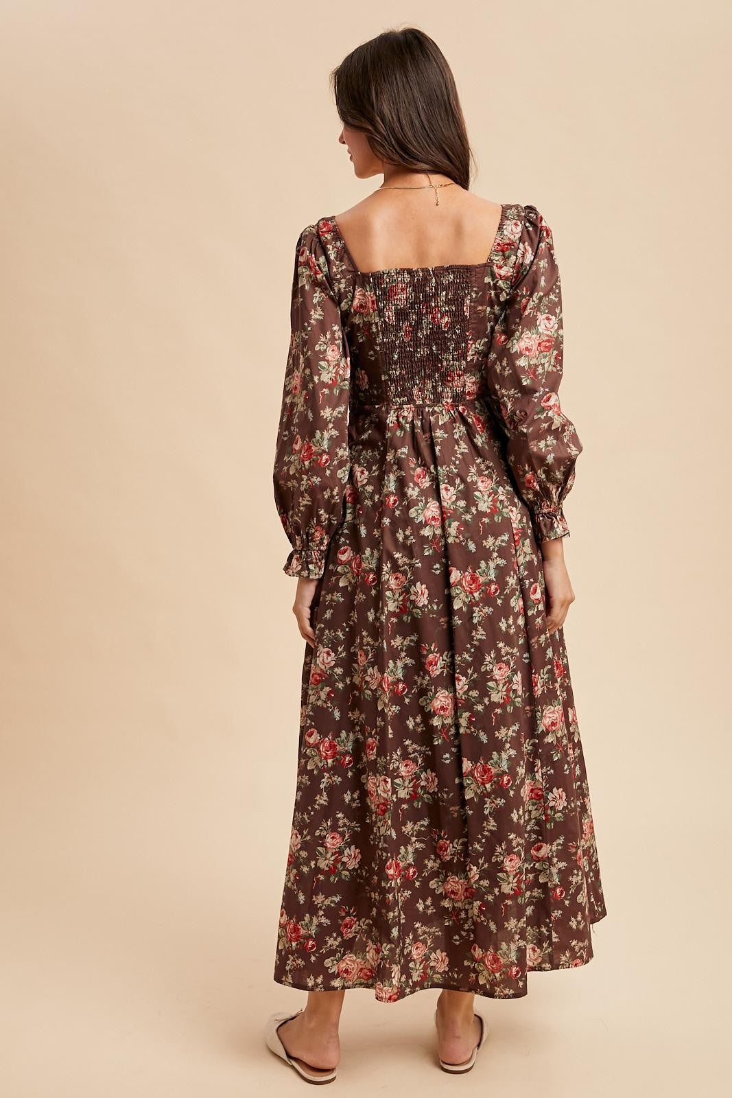 Brown Floral Square Neck Cotton Maxi Dress