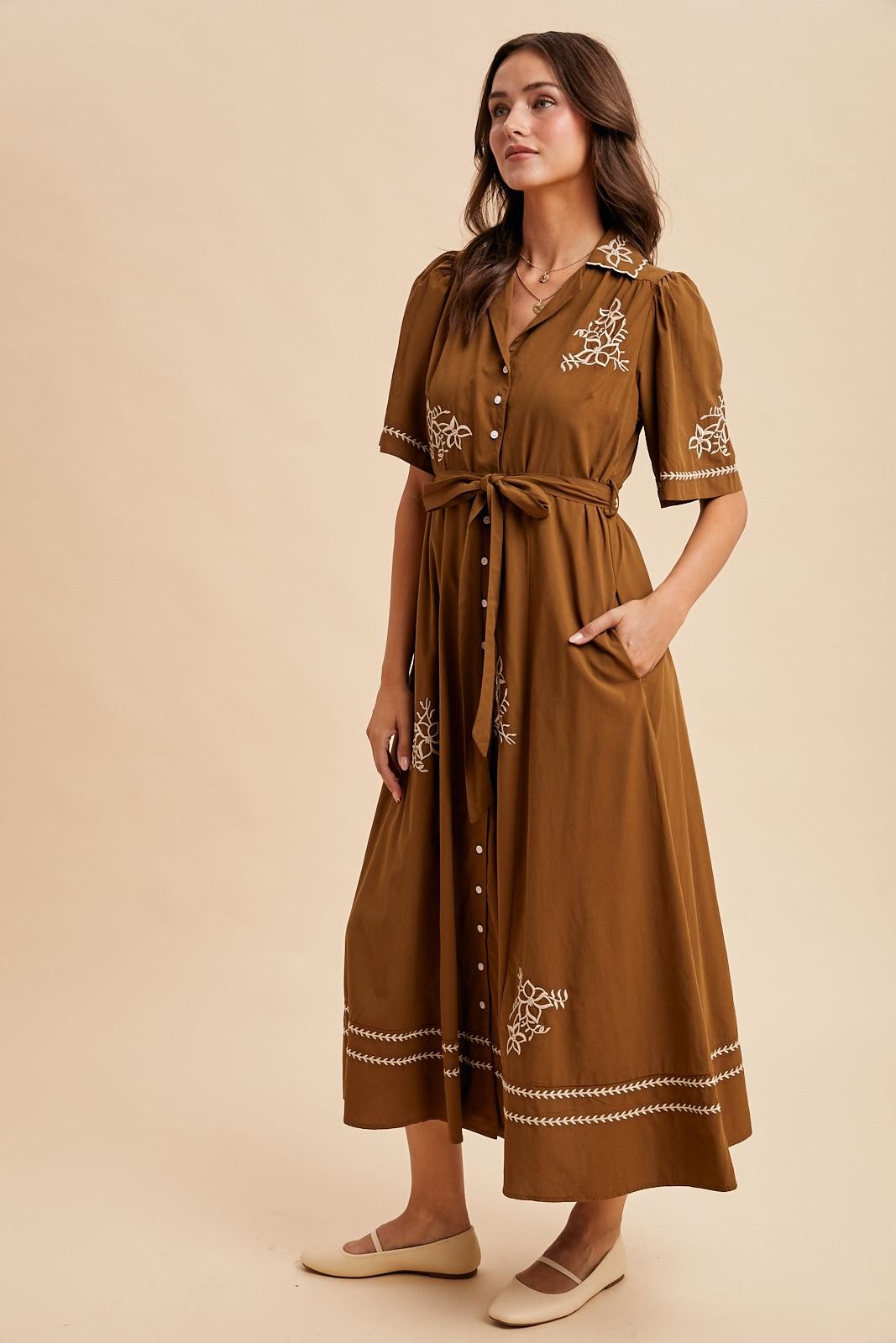 Brown Embroidered Button Down Maxi Dress