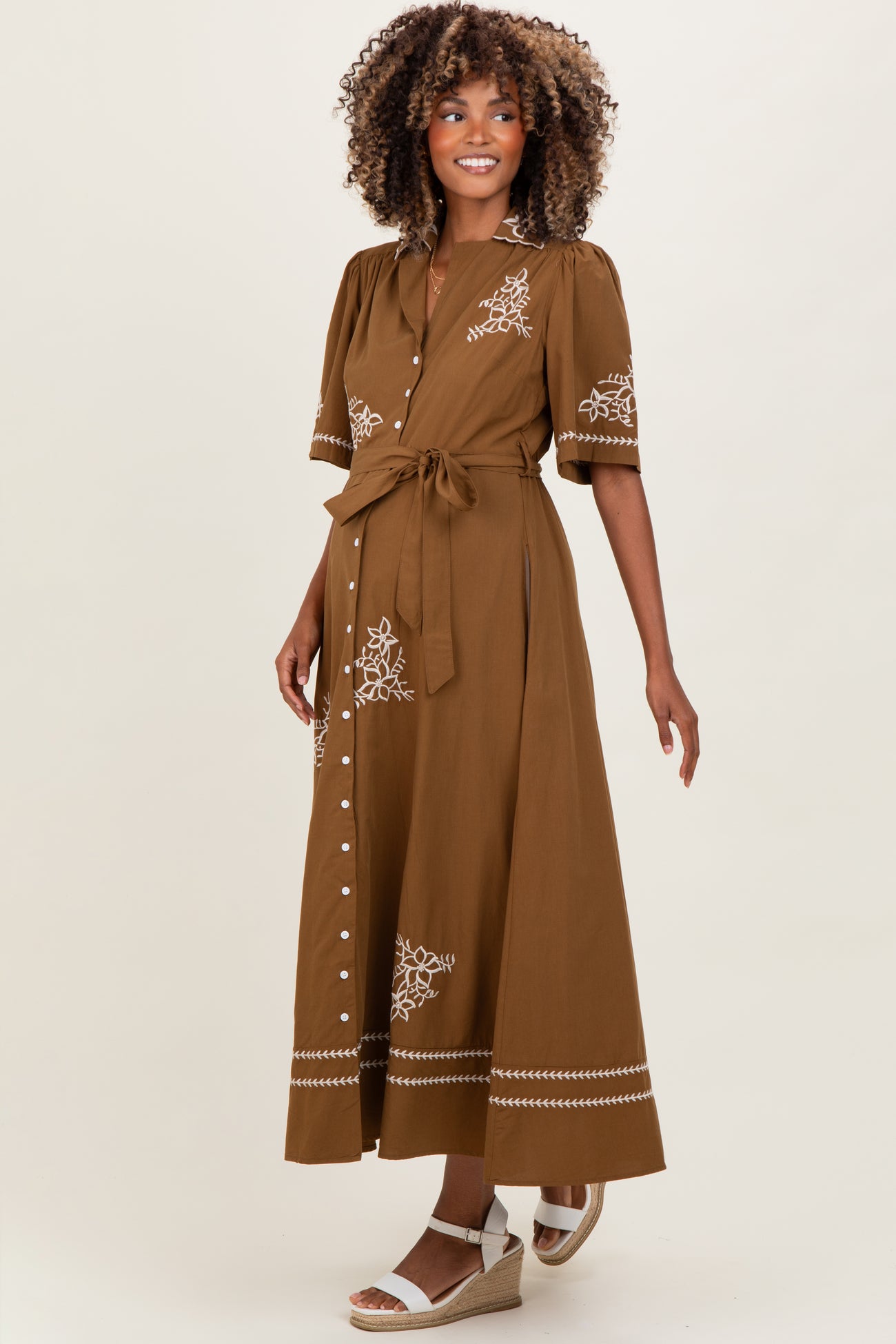 Brown Embroidered Button Down Maternity Maxi Dress