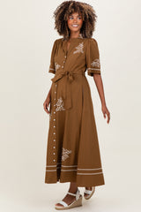 Brown Embroidered Button Down Maternity Maxi Dress