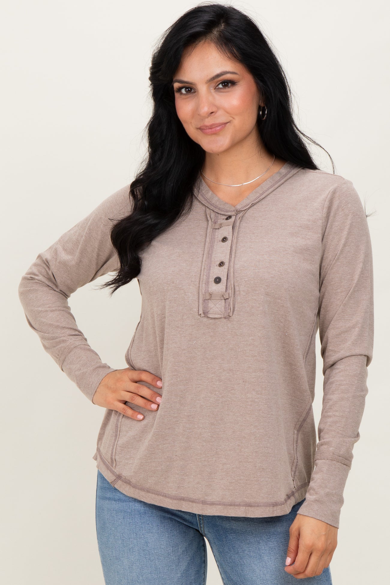 Heather Mocha Long Sleeve Exposed Seam Top