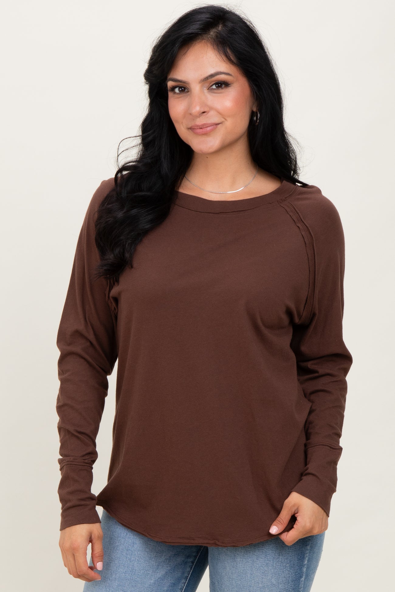 Brown Exposed Seam Long Sleeve Maternity Top