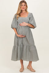 Sage Plaid  Bubble Sleeve Maternity Dress