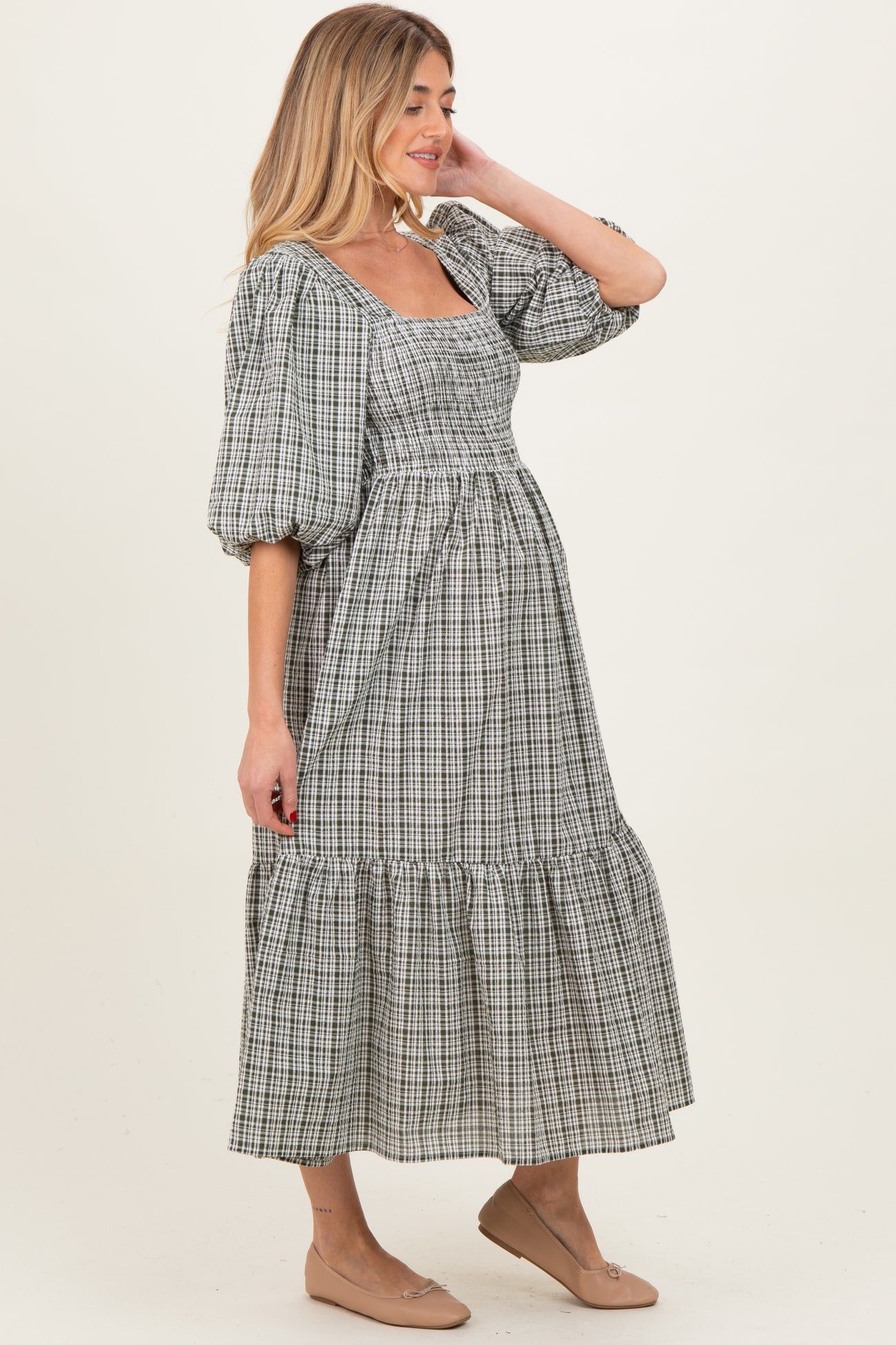 Sage Plaid  Bubble Sleeve Maternity Dress