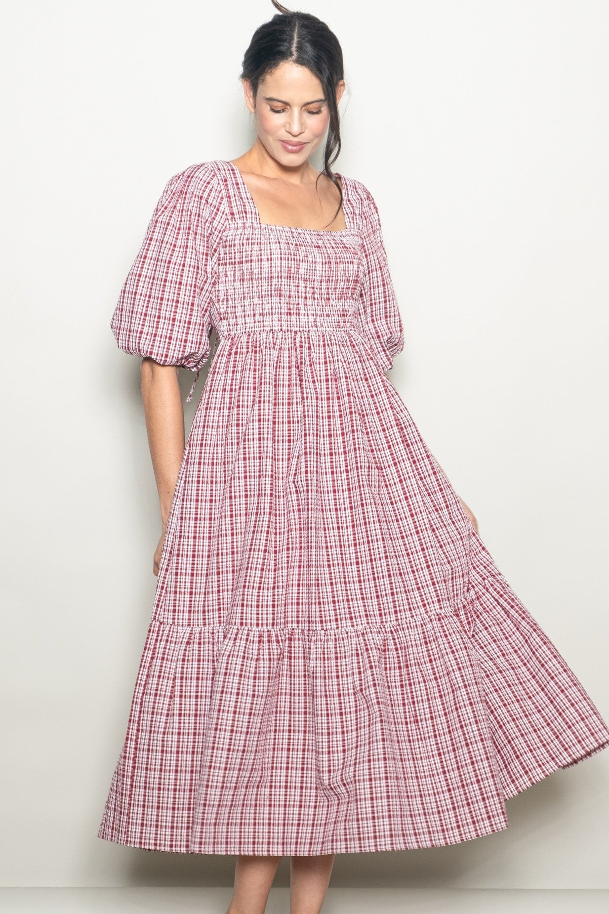 Red Plaid  Bubble Sleeve Maternity Dress