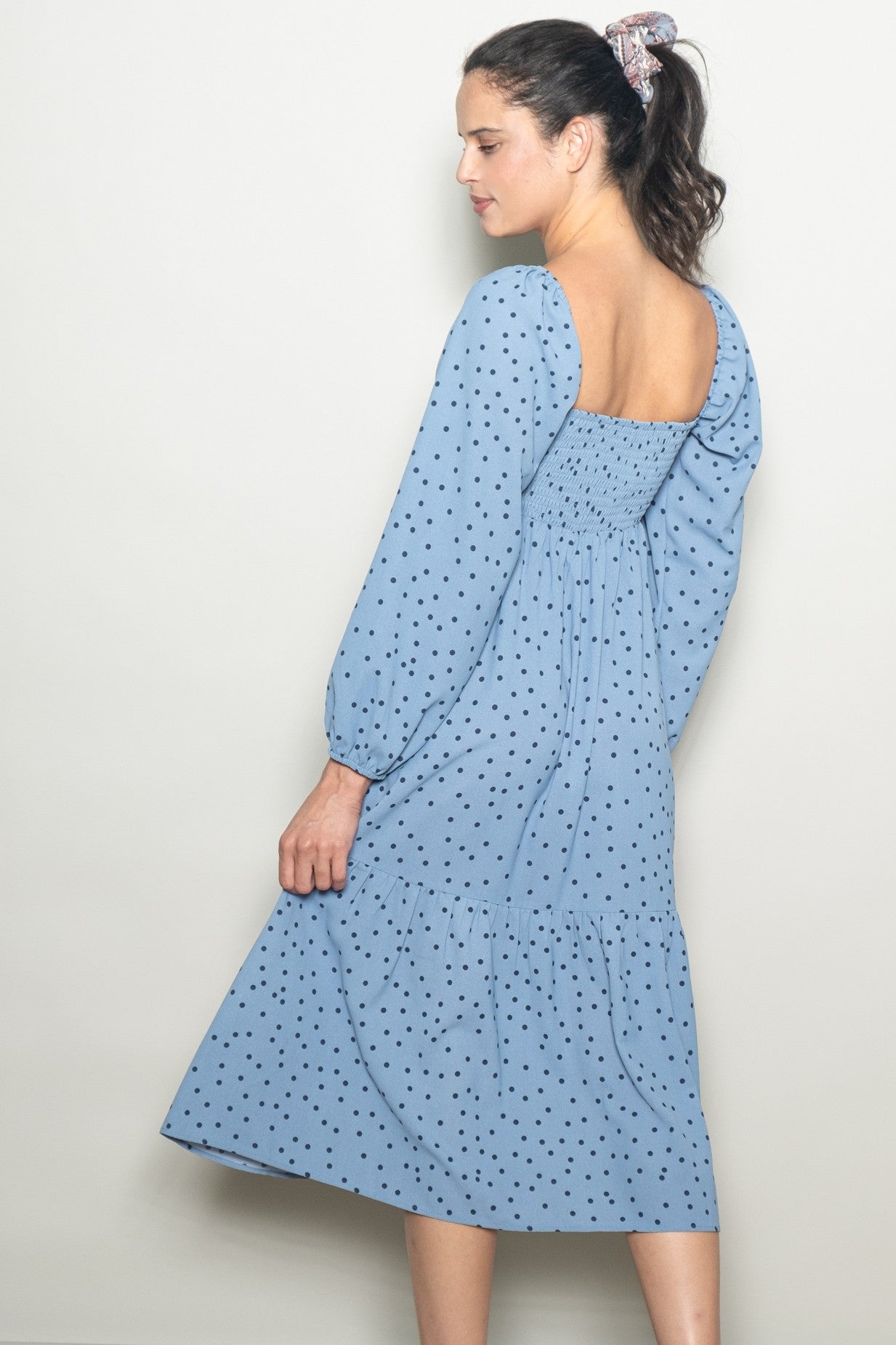 Dusty Blue Polka Dots Sweetheart Neck Midi Dress