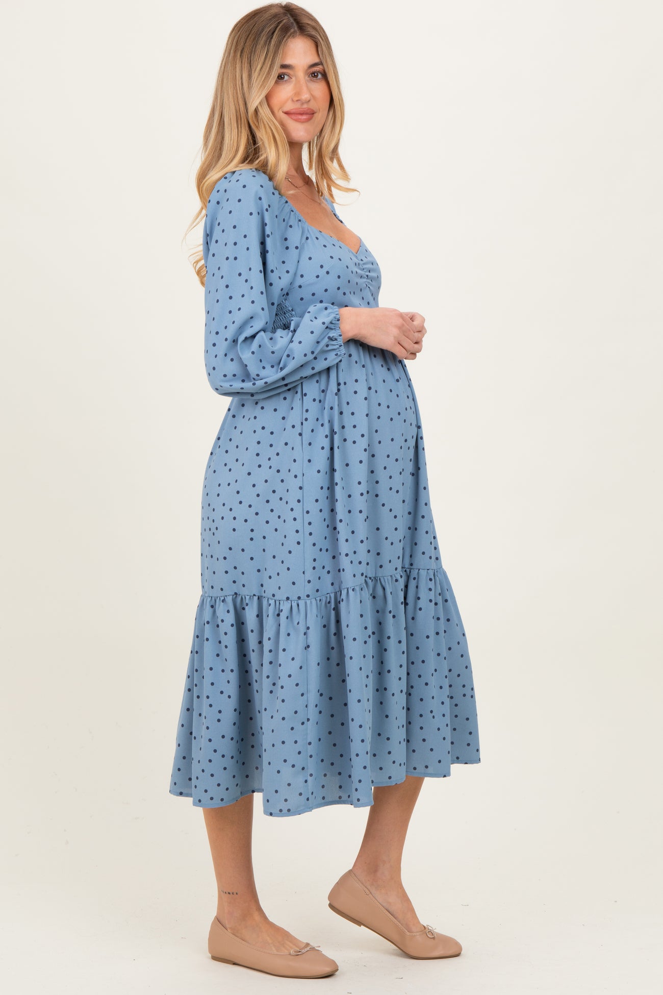 Dusty Blue Polka Dots Sweetheart Neck Maternity Midi Dress