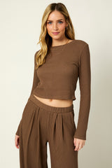 Coffee Long Sleeve Top Pleated Wide Leg Pants Texture Set