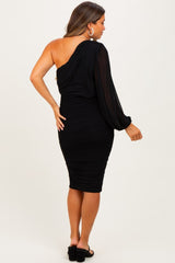 woman wearing a black one-shoulder ruched maternity dress with long sheer sleeve