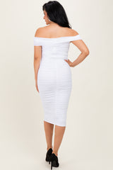White Mesh Off Shoulder Twist Front Midi Dress