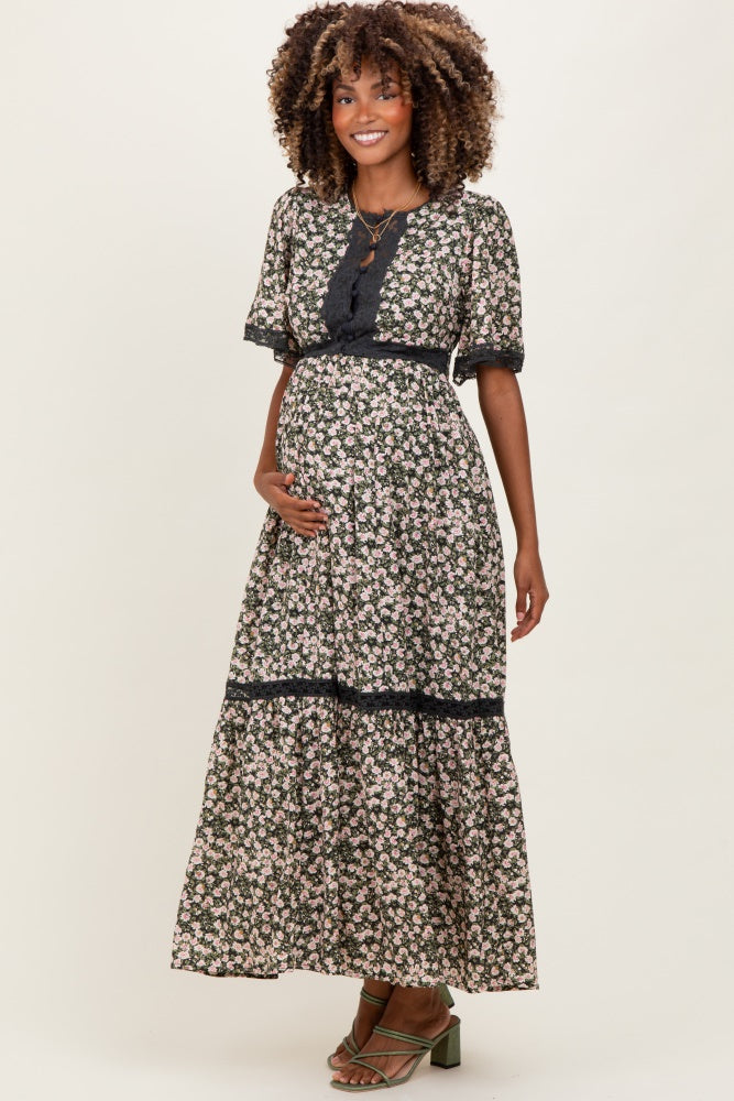 Black Rose Floral Lace Inset Button Up Maternity Maxi Dress