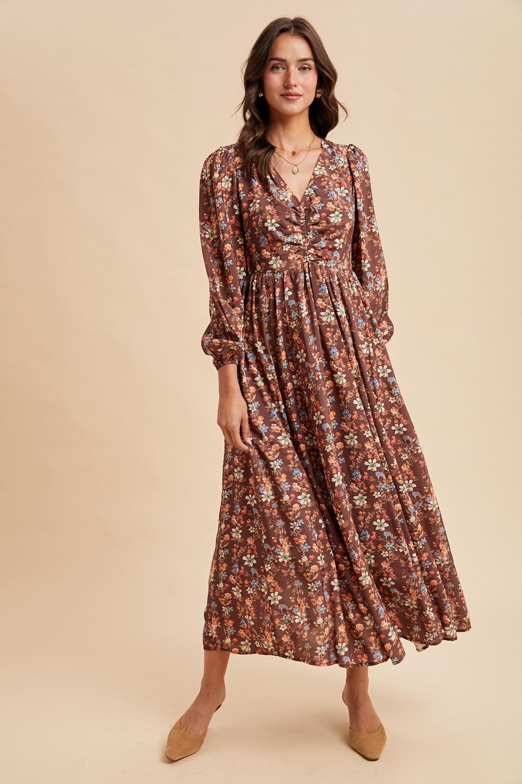 Mocha Floral Cinched Bust 3/4 Sleeve Maxi Dress