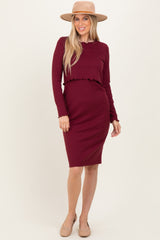 Burgundy Ribbed Knit Long Sleeve Nursing Maternity Dress