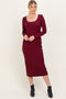 Burgundy Scoop Neck Long Sleeve Midi Dress