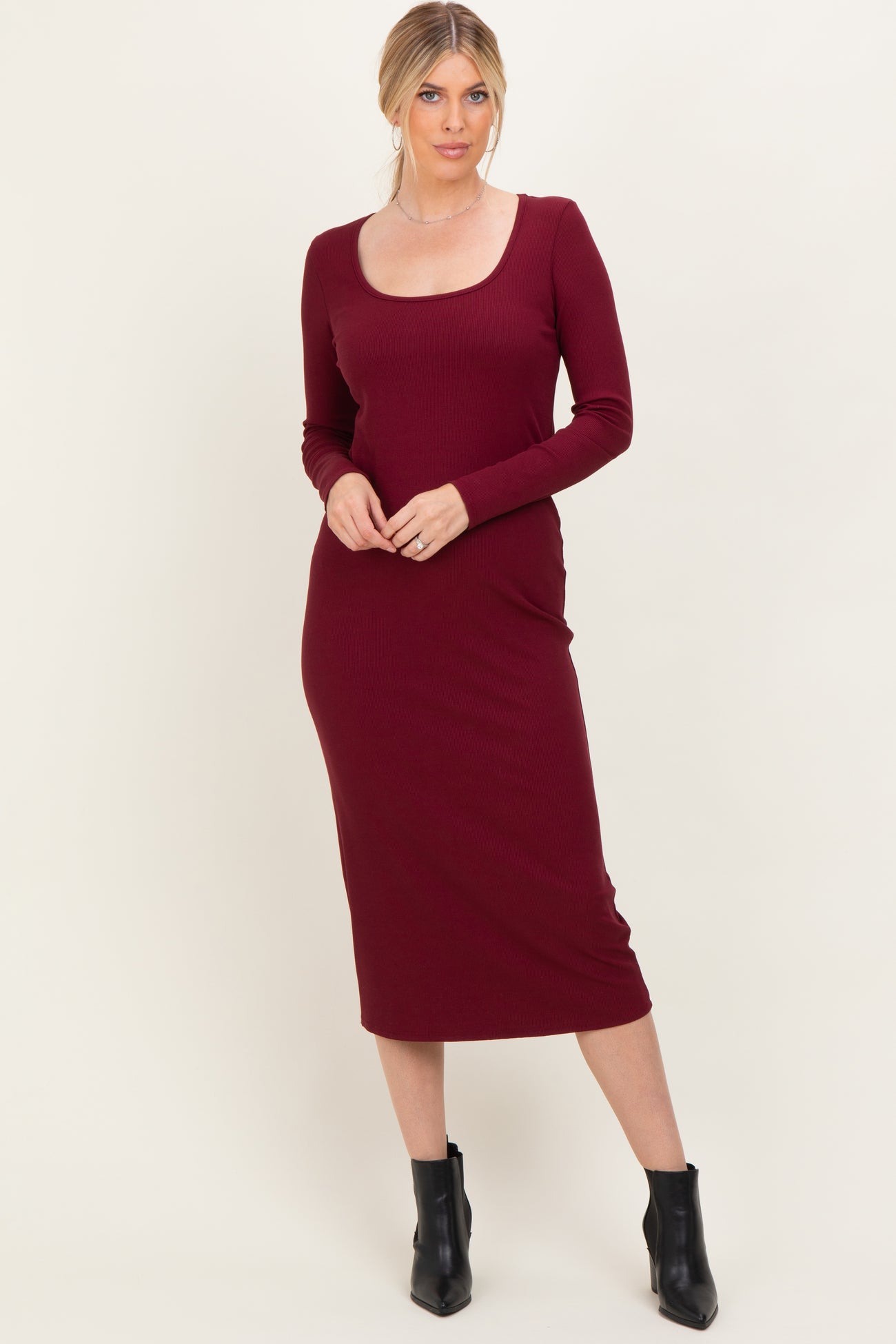 Burgundy Scoop Neck Long Sleeve Maternity Midi Dress