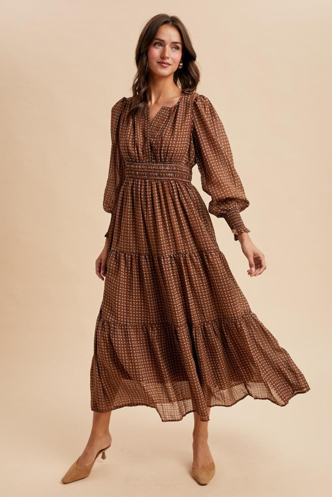 Mocha Printed Smocked Waist Tiered Maxi Dress